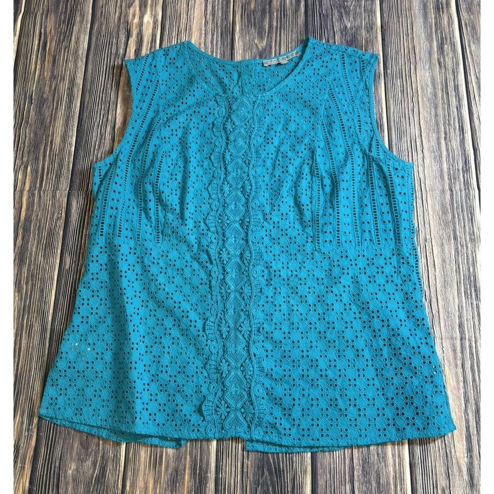 Daniel Rainn Womens Sleeveless Eyelet Lace Top Turquoise Blouse Boho Size L